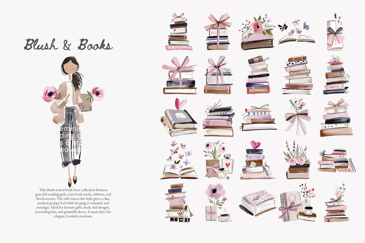 Blush Book Lover Clipart Bundle, a Decorative Illustration by Patishop Art (Photo 8 of 14)