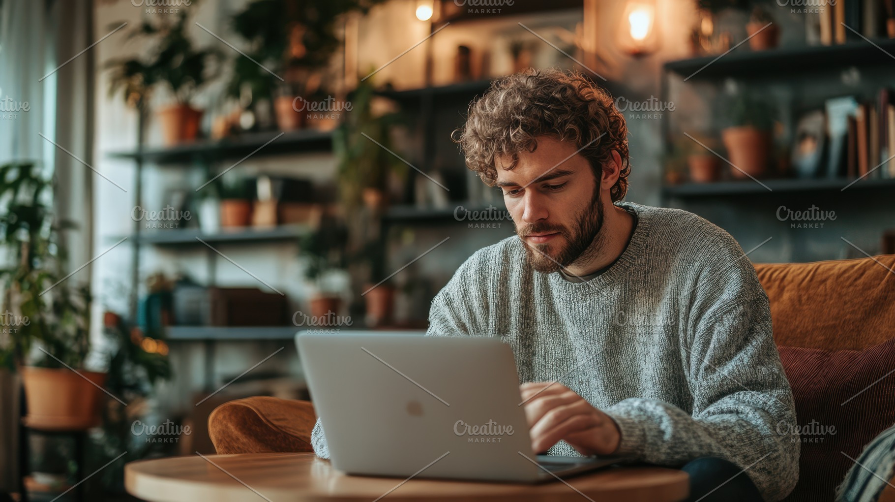 Man working on laptop in cozy home o, a Photo by Pixeness Studio