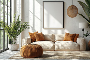 Bright cozy living room with indoor plants and stylish decor accents, an Illustration by AS photostudio