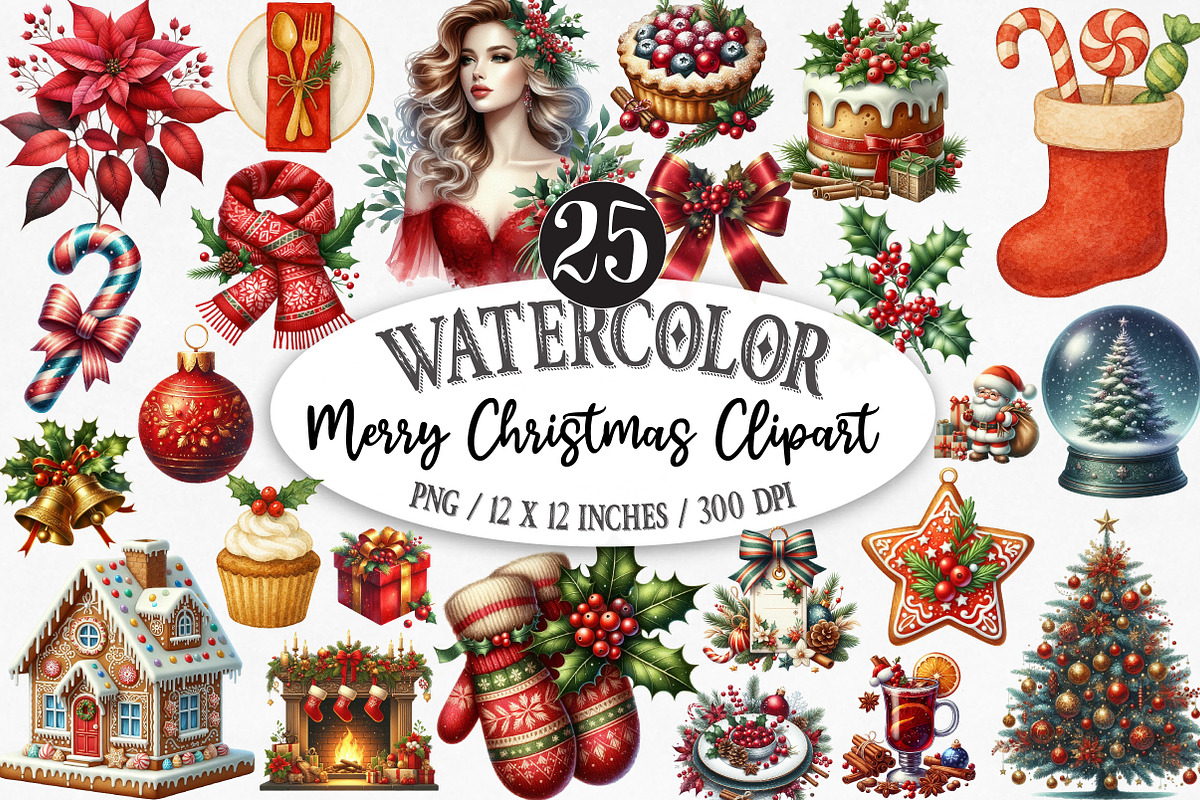 Watercolor Merry Christmas Clipart, an Illustration by Designking (Photo 1 of 5)