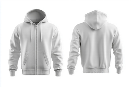 A plain white zip-up zipped hoodie mockup from the front and back