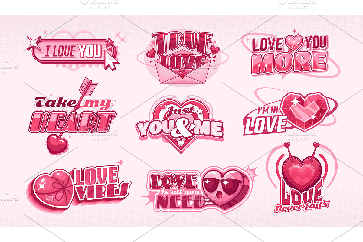 Y2k icons with romantic phrases, a Seasonal Illustration by Vector Tradition