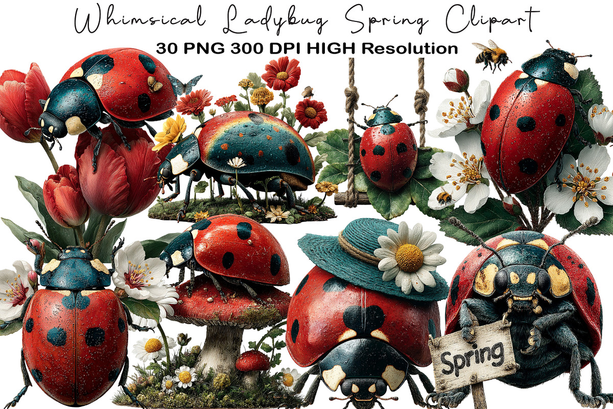 Whimsical Ladybug Spring Clipart, an Illustration by Black Bird Studio (Photo 1 of 5)