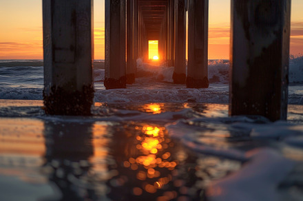 The sun sets behind a pier, casting, a Photo by Tanuart