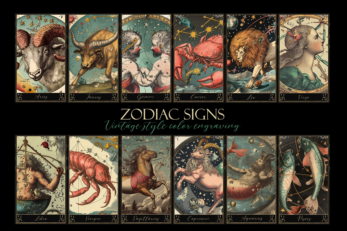 Zodiac signs. Vintage engraving, a Decorative Illustration by Chikovnaya (Photo 2 of 2)