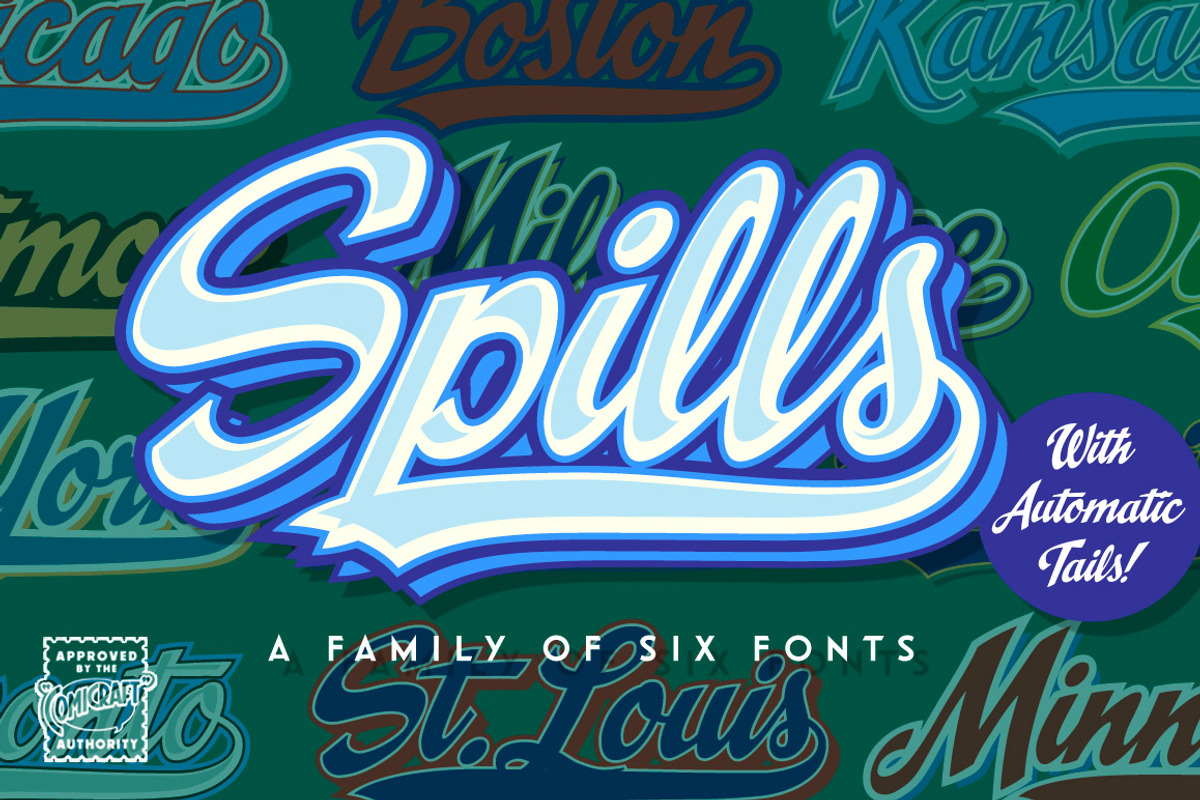 Spills - comic book script logo font