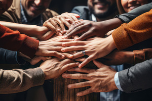 Diverse Business Team Joining Hands in Unity and Teamwork, a Photo by AS photostudio
