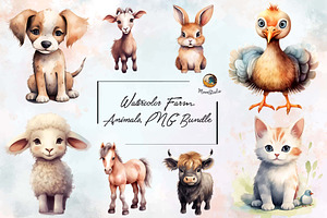 Watercolor Farm Animals PNG Bundle