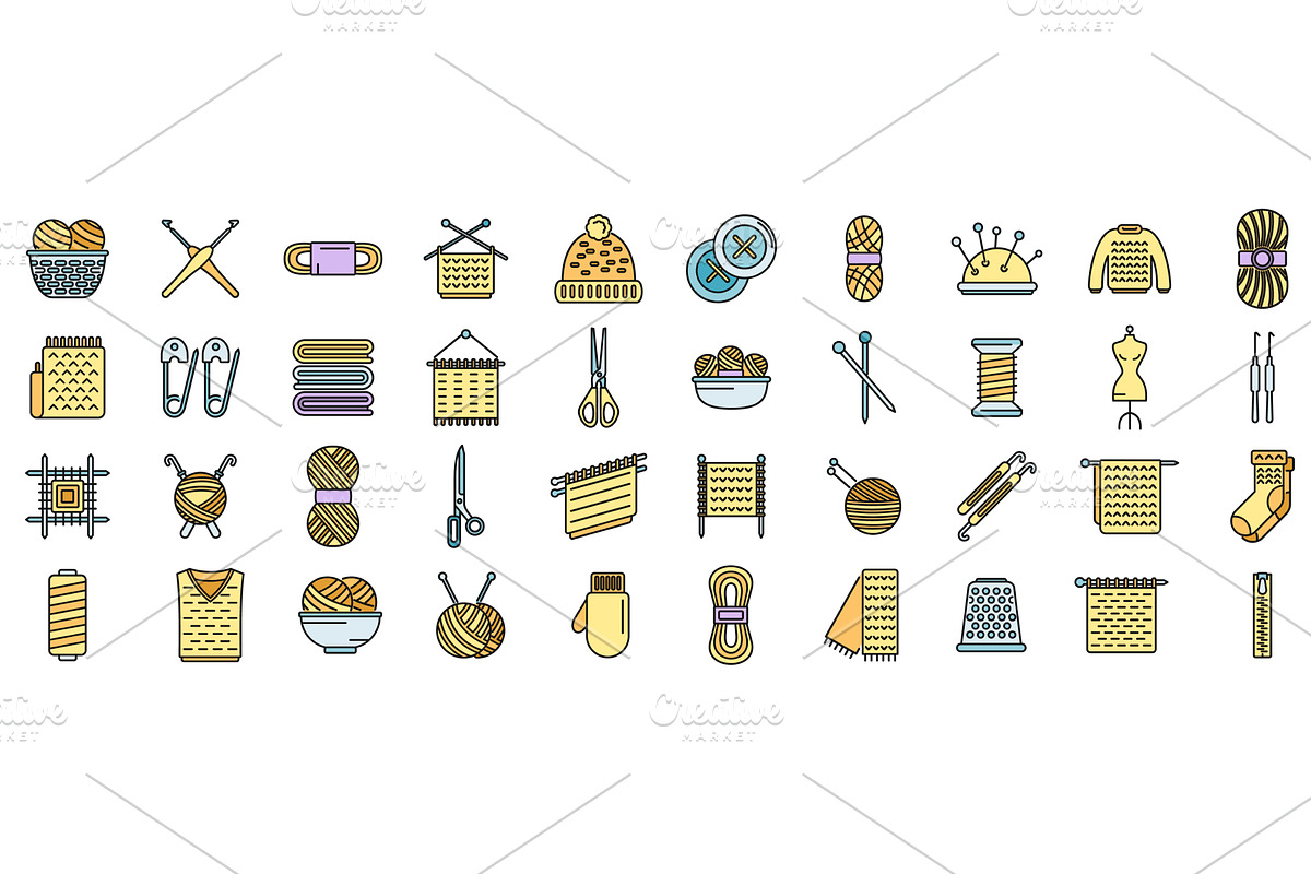 Knitting icons set vector color line, an Object Illustration by Ylivdesign