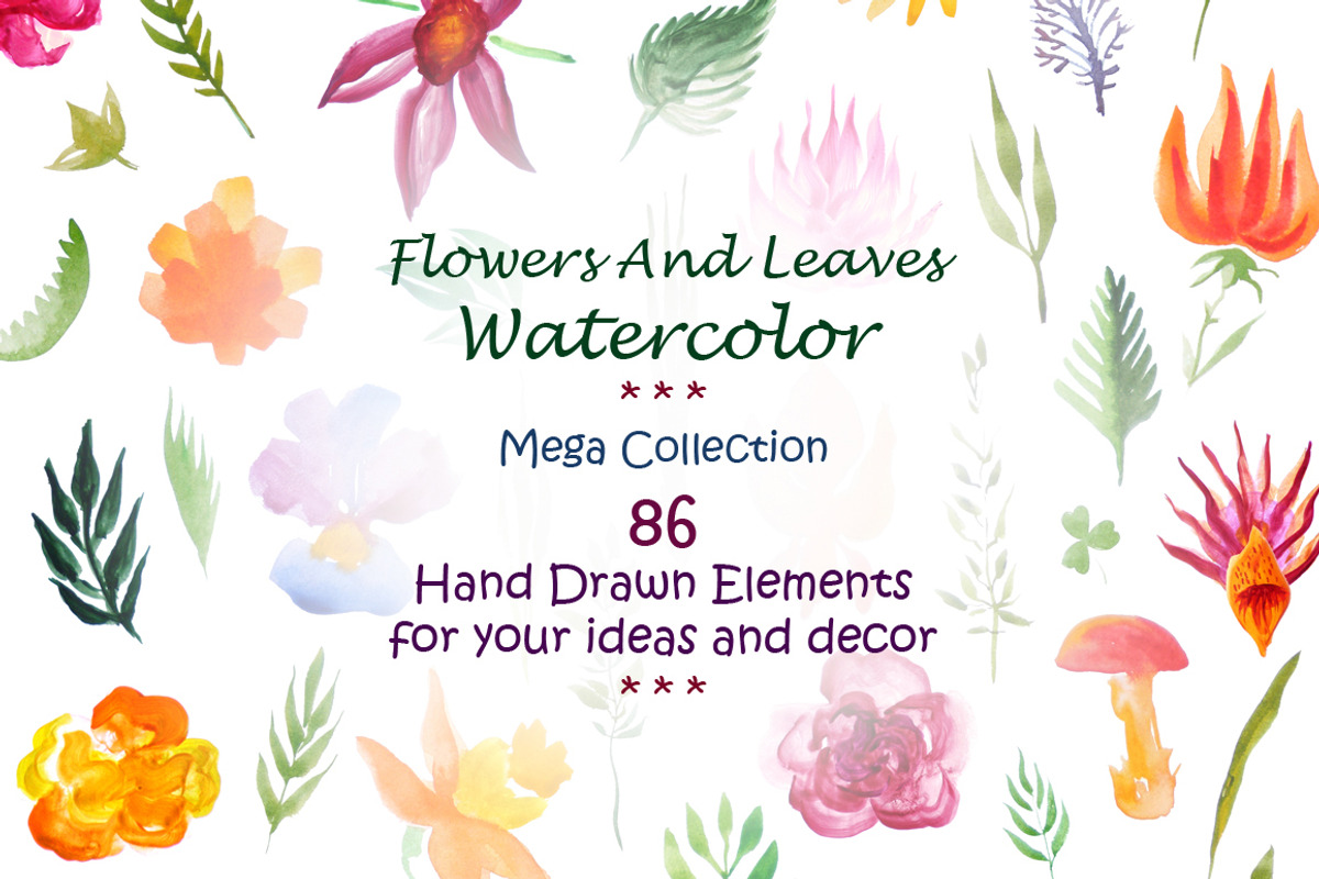 Watercolor Flowers And Leaves Set, an Illustration by KsanasK.Art (Photo 1 of 3)