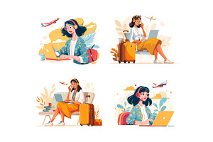 Young woman working on laptop, a Transportation Illustration by Onyx