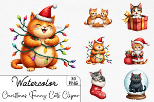 Christmas Funny Cats Watercolor Clip, an Illustration by CrexoraLab