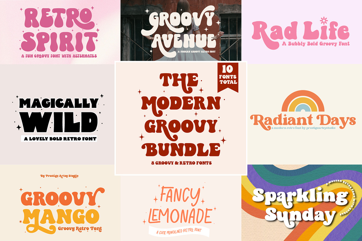 The Modern Groovy Retro Font Bundle, a Handwritten Font by Prestige Artsy Studio (Photo 1 of 9)