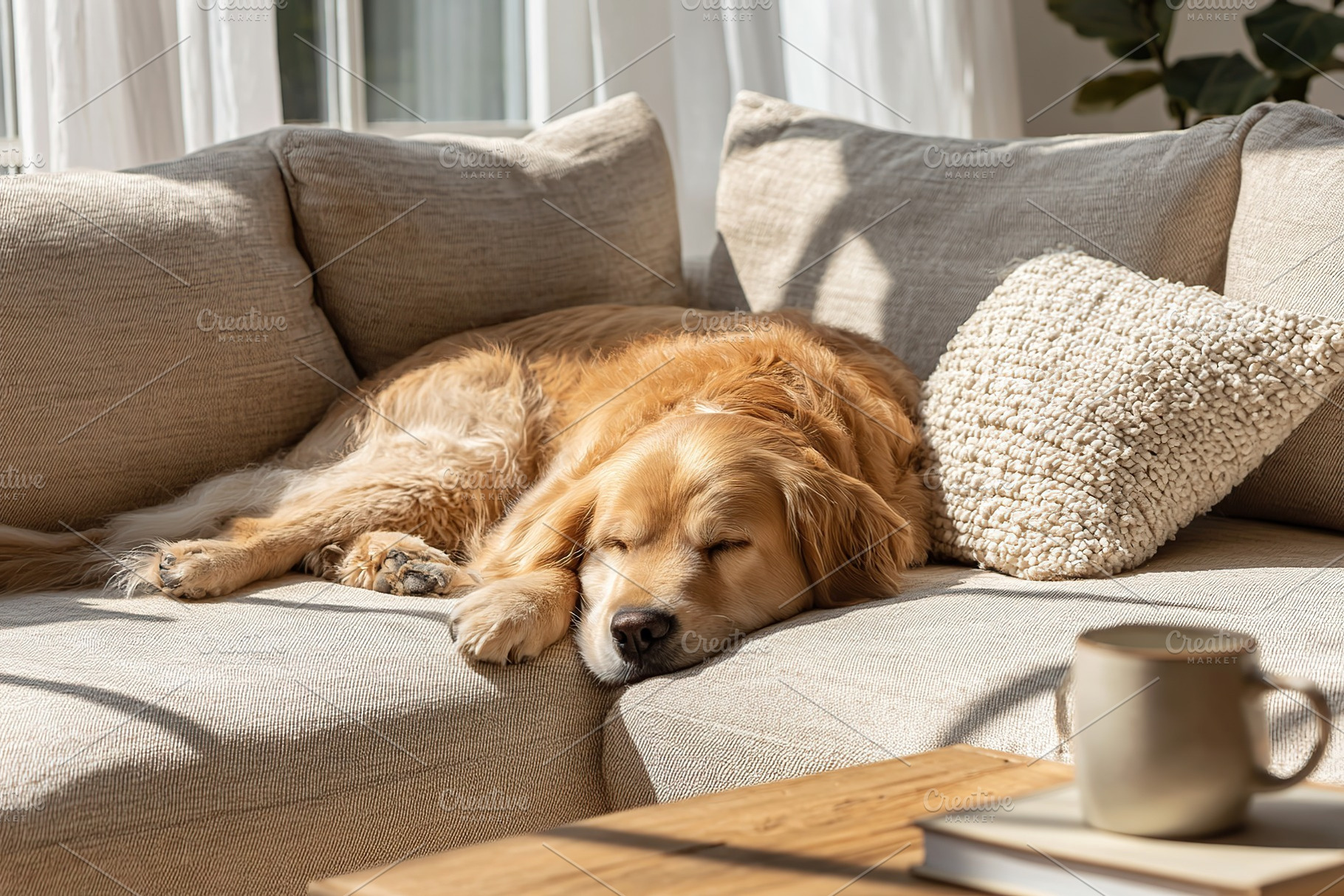 Medium-sized golden retriever peacefully sleeping on gray couch in sunlit livin, a Photo by AlyaAnd