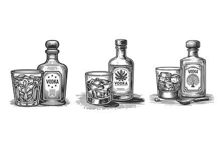 Vodka Bottle and Glass engraving, a Food Illustration by AlexArt