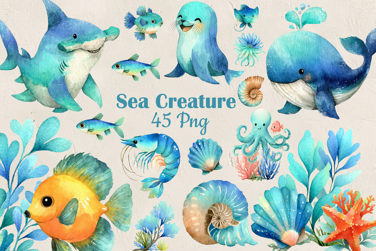 Sea Creature Clipart, an Illustration by DreamCafeArt (Photo 1 of 7)