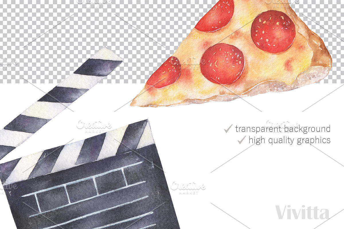 Watercolor Cinema Movie Pizza retro, a Food Illustration by Vivitta (Photo 2 of 3)