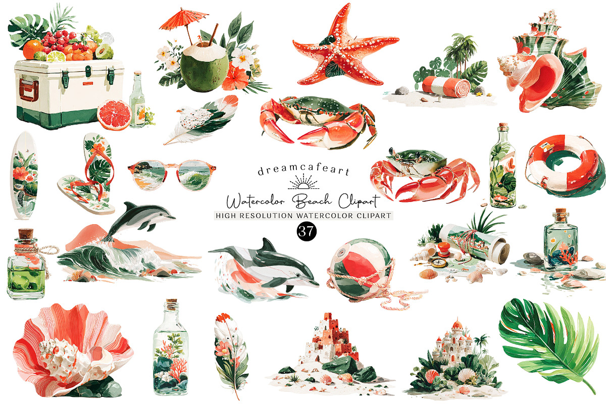 Watercolor Beach Clipart Set, an Illustration by DreamCafeArt (Photo 1 of 6)