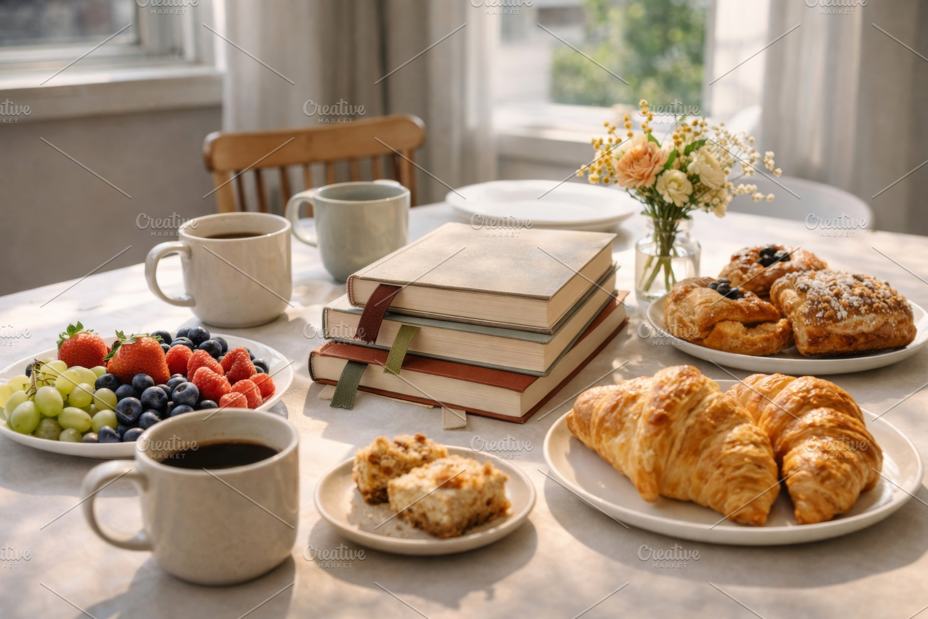 Stack of books on table with coffee,, a Photo by Dvoevnore photos