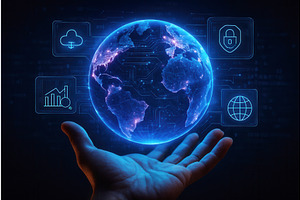 A hand holding a glowing digital, a Technology Illustration by Sergey Kotenev