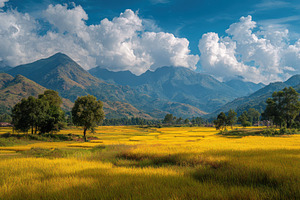 Golden Rice Fields Mountain Landscap, a Photo by Pixeness Studio