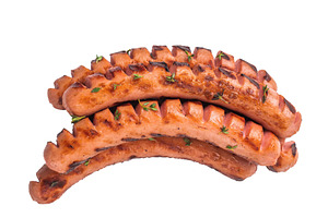 Delicious fried grilled meat sausage, ready to eat. Isolated on, a Food & Drink Photo by composter-box@mail.ru