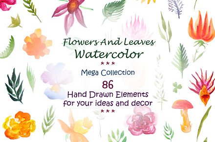Watercolor Flowers And Leaves Set