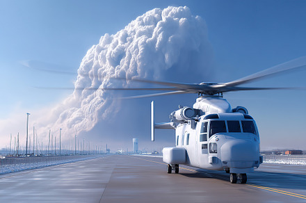 Helicopter on runway with large cloud formation in the background during clear, a Transportation Photo by AlyaAnd