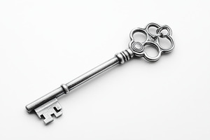 Unique vintage key on a plain background showcasing intricate de, a Photo by AlyaAnd