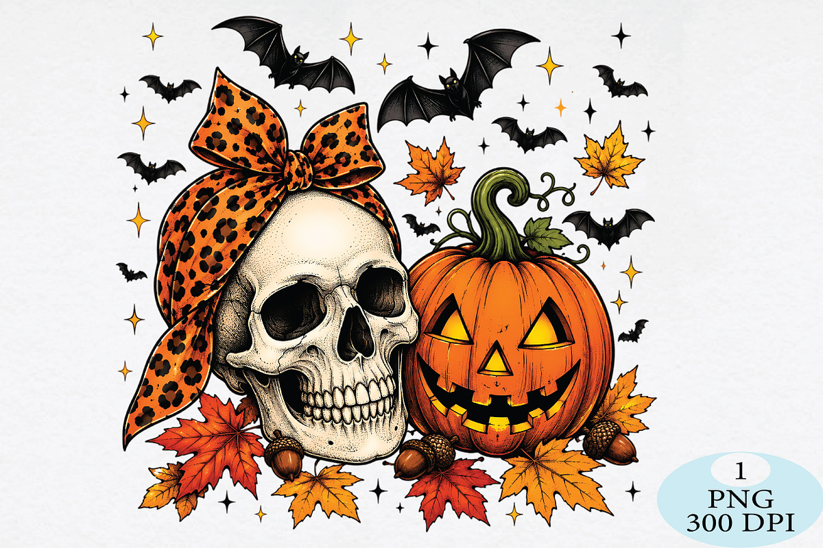 Retro Skull & Pumpkin Halloween PNG, a Seasonal Illustration by Daily.Designs (Photo 1 of 5)