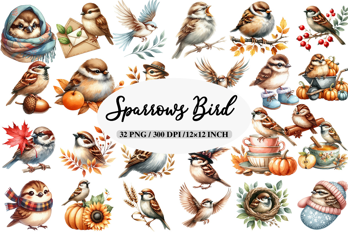 Autumn Sparrows Bird Clipart, an Illustration by Daily.Designs (Photo 1 of 5)