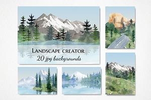 Watercolor Mountain Lake Landscape