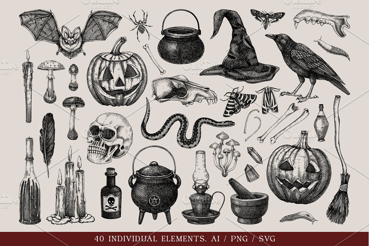 Vector Halloween sketches & designs, a Seasonal Illustration by Yevheniia (Photo 3 of 10)