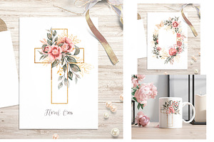 Watercolor Floral Cross, Wreath Set