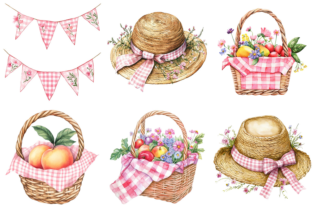 Bohemian Pink Gingham Summer Clipart, an Illustration by Watercolor design (Photo 2 of 5)