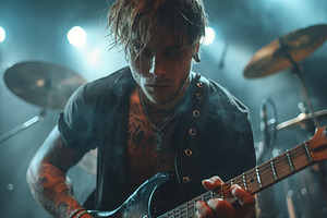 A passionate young Caucasian male guitarist performing on stage, immersed in mu, a Person Photo by ImageMir