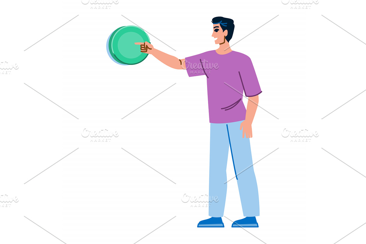 Young man pointing at green button, a Technology Illustration by pikepicture