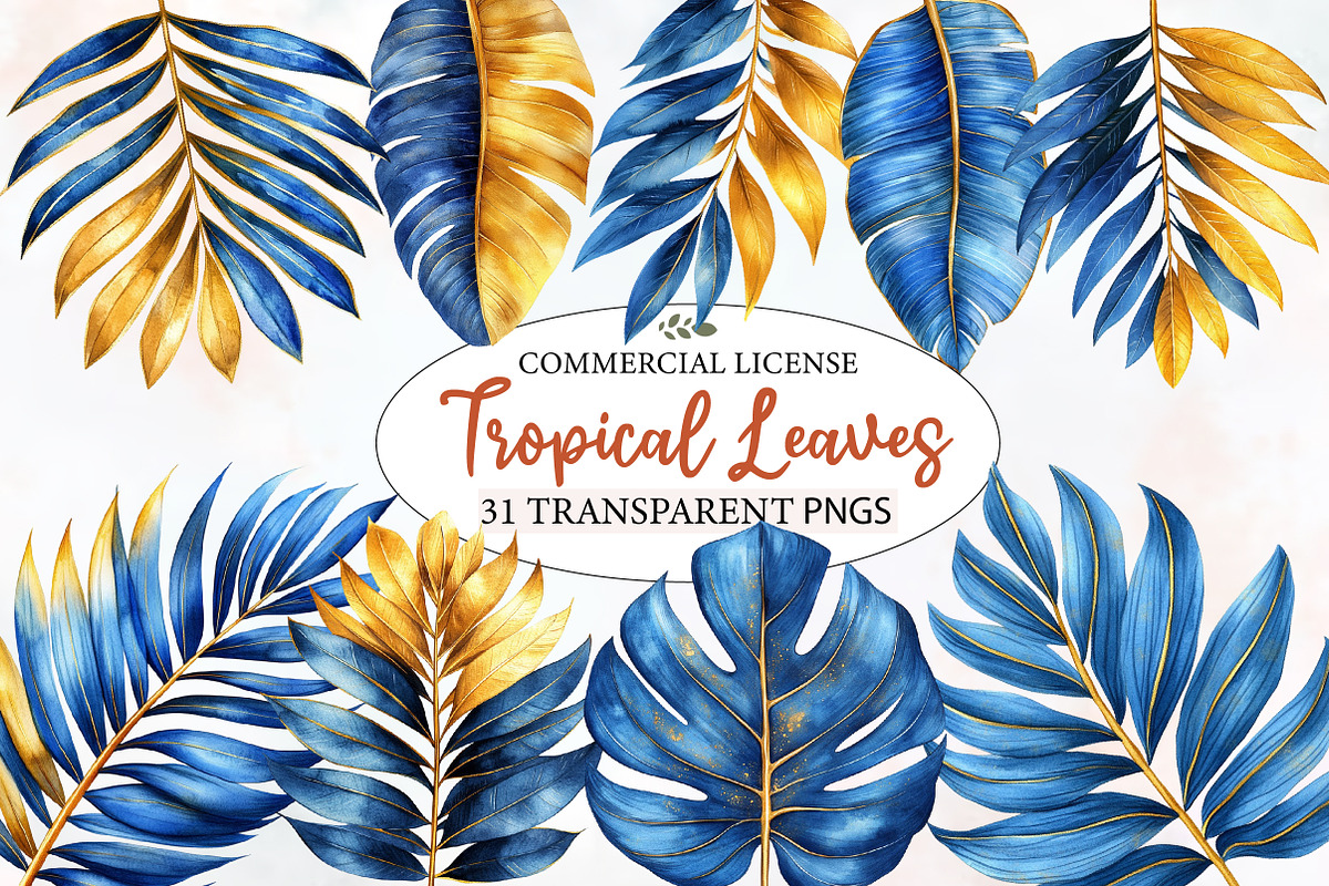 Blue and Gold Tropical Leaves, an Illustration by Designworld (Photo 1 of 7)