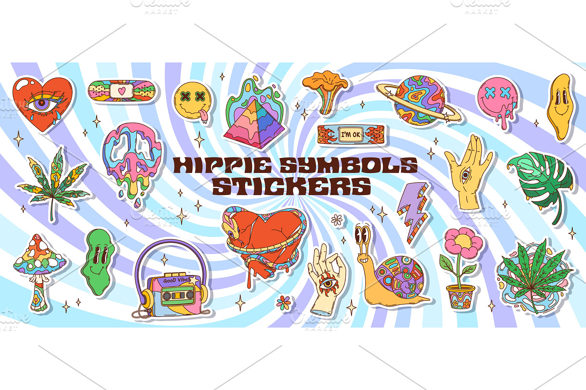 Cartoon retro hippie stickers, an Object Illustration by Buch&Bee