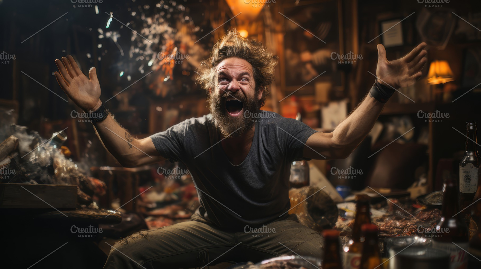 Angry Man Shouting and Drinking Alcohol in a Messy Room with Intense Expression, a Photo by AS photostudio