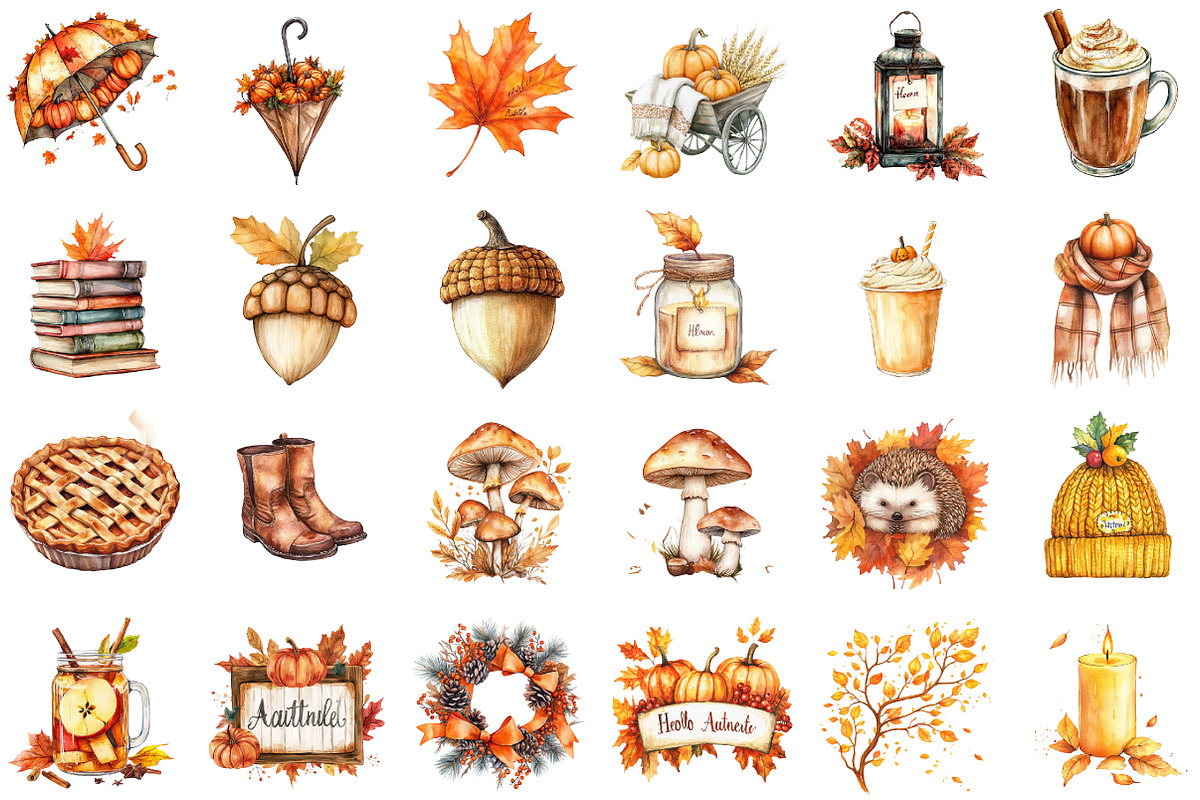 Watercolor Hello Autumn Clipart, an Illustration by Sublimation Artist (Photo 2 of 6)