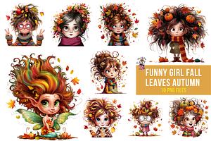 Funny Girl Fall Leaves Autumn PNG