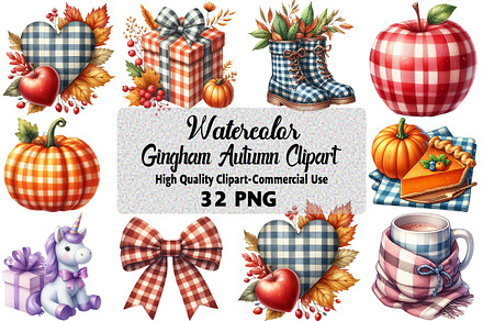 Watercolor Gingham Autumn Clipart Bu, an Illustration by Daily.Designs