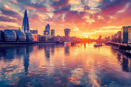 A vibrant sunset casts rich colors o, a Photo by Tanuart