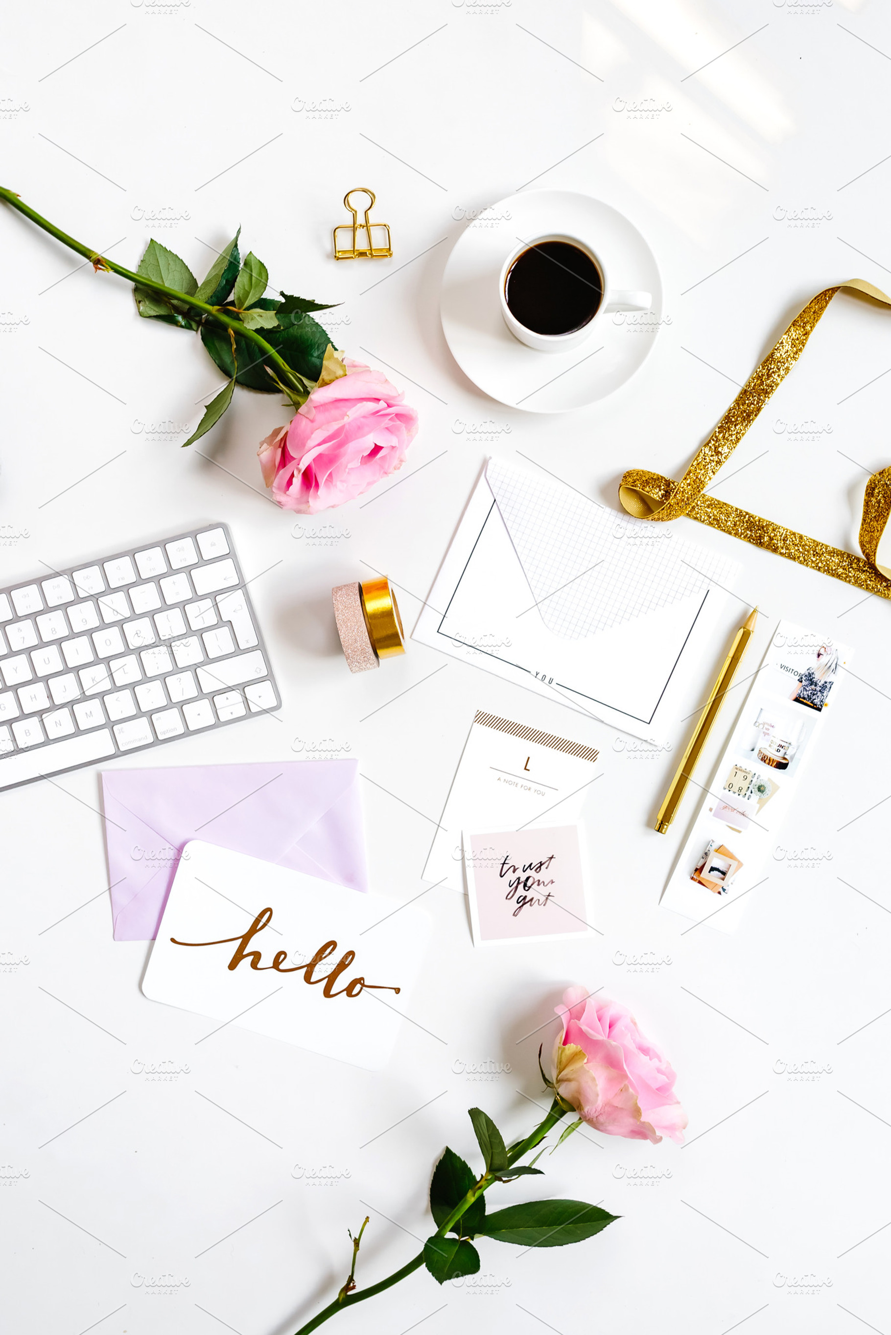 Pretty minimal flatlay stock photo containing roses, gold, and goldfoil, an Arts & Entertainment Photo by The Snap Shop