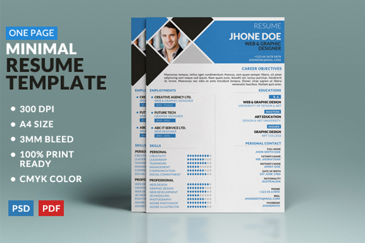 Minimal One Page Resume Template, a Resume Template by WonderShop (Photo 1 of 3)