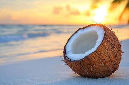Fresh coconut on sandy beach on seaside background, a Food & Drink Photo by AlyaAnd