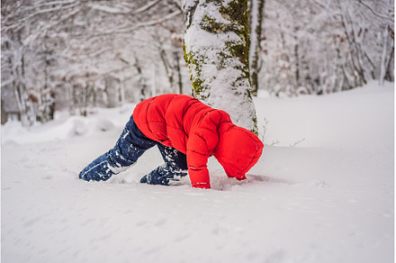 Funny little boy in blue winter, a Holiday Photo by Elizaveta Galitskaya