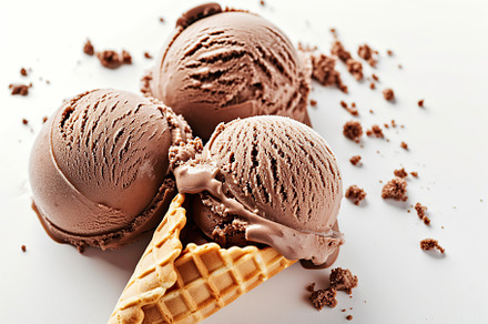 Chocolate ice cream in waffle cone on white background, a Food & Drink Photo by AlyaAnd