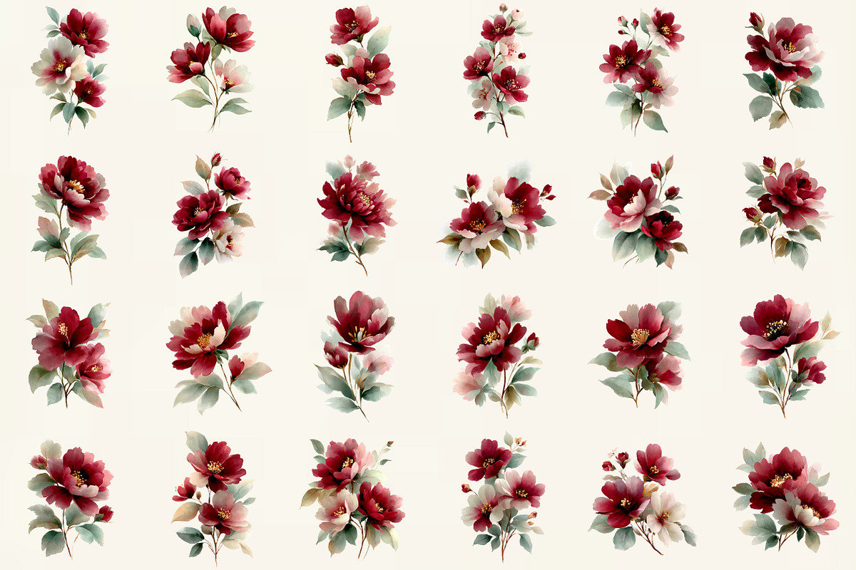 Watercolor Burgundy Florals Png, an Illustration by DreamCafeArt (Photo 2 of 6)